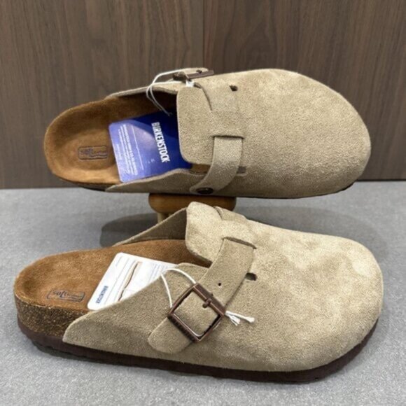 Birkenstock Shoes - Birkenstock Boston taupe suede mule clogs